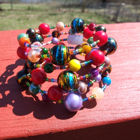 Hand Crafted Jewelry - HANDMADE Glass Bead Bracelet Gift Stacked Colorful